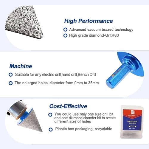 Foret conique diamant pour carrelage 35mm–BRSCHNITTx perceuse électrique à tige hexagonale, foret biseauté pour façonner l'élargissement, nettoyer les trous existants de granit, marbre et porcelaine