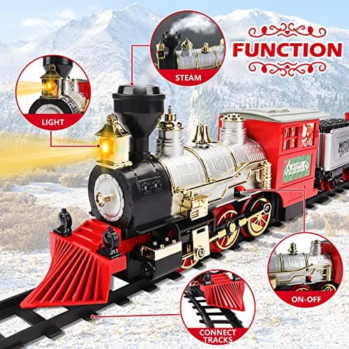 deAO Ensemble de Train Jouet pour Enfants avec phares, Effet de fumée, 4 Wagons et Rails pour NoëlChristmas Theme Classic Trainset - Superbe Accessoire pour Enfants et décoration de Noël