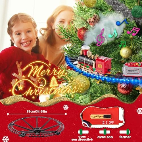 BuzzoXerex Train Electrique Noel, Train de Noel Electrique pour Sapin avec Guirlandes Lumineuses LED Bleues, Train Electrique Enfant avec Spray et Son