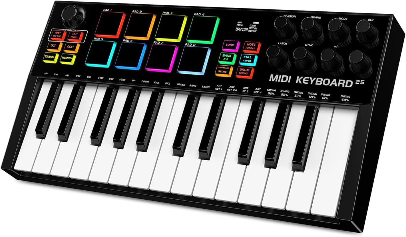 TERENCE Clavier MIDI de 25 Touches Professionnel MIDI Keyboard Contrôleur 500 mAh 8 Pads RGB Bouton Rotatif à 360° Sans Fin 8 Boutons Assignables Écran OLED Compatible avec Plusieurs DAW et Appareils