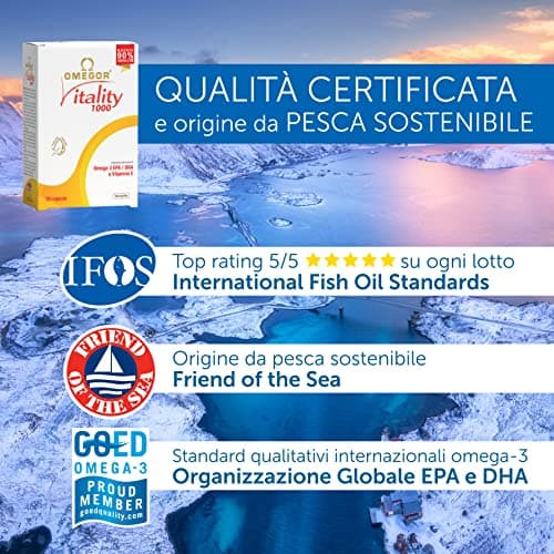 Omegor Vitality 1000 - Supplément alimentaire avec 90% des oméga 3 sous forme de triglycérides - avec de la vitamine E - pour le cœur, la vision et le cerveau en santé - 30 gélules