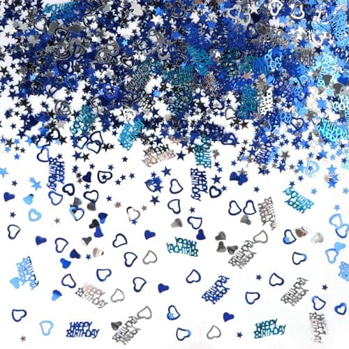 3200Pcs Confettis Anniversaire, RUNEAY Confettis HAPPY BIRTHDAY Deco Anniversaire, Confettis Joyeux Anniversaire Decoration, Decoration Table Anniversaire Confettis Bleu Argenté pour Anniversaire