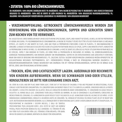 Pissenlit bio racine séchée et coupée (250g), Pissenlit racine de culture biologique contrôlée, Thé de pissenlit bio, Thé de racine de pissenlit 100% naturel, Vegan