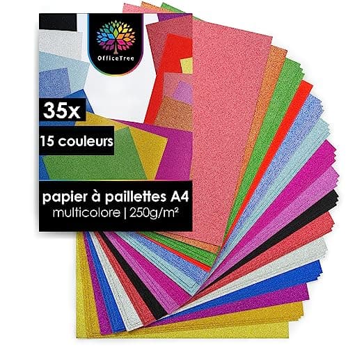OfficeTree 35x Papier Pailleté A4 250g/m2 - 15 Couleurs - Feuille Pailletée de Bricolage et Scrapbooking - Non Autocollant - Papier Cartonné Pailleté - Papier Brillant - Papier Decoratif