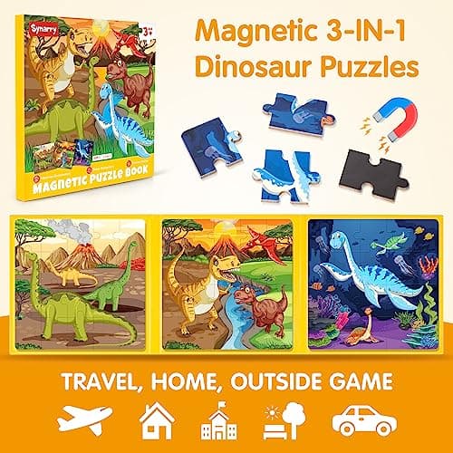 SYNARRY Puzzle Dinosaures Magnetique Enfants 3 4 5 6 Ans, 20 Piéces de Puzzle Voyage, Jouet pour Garçon Fille Avion Voiture Enfant 3 à 8 Ans