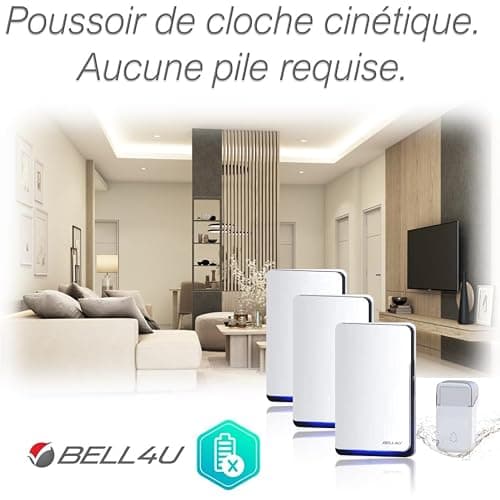 Bell4U Sonnette sans Fil Exterieur Etanche - 3 destinataires - Sonnette sans Fil Auto-alimentée 100 m, Sonnette électronique étanche IP65, Carillon Lumineux LED, 52 mélodies, 4 Niveaux de Volume