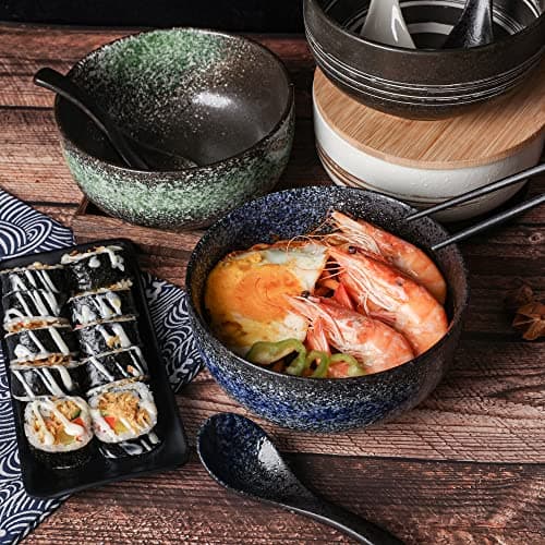 Cteahrow Bol à ramen en céramique 2 ensembles (8 pièces) avec baguettes cuillère, grand bol à soupe 1100 ML, bols à salade pour soupe, pho et bol à sushi (Ensemble de 2 bols bleus)