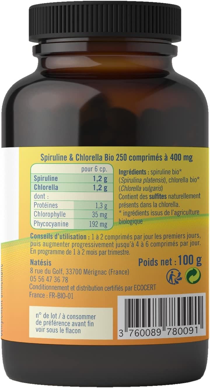 NATESIS — Spiruline & Chlorella Bio 50/50 — 250 comprimés 540 mg — Complément alimentaire bio et vegan — Vitalité, digestion, immunité — Flacon en verre brun — 135 g