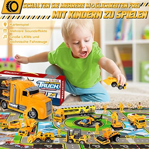 lenbest Camion de Transporteur Voiture Jouet - Ensembles de camions de Construction 11 en 1 Camion Transporteur de Petites Voitures - Anniversaire Noël Cadeau Enfants Garçons 3 Ans