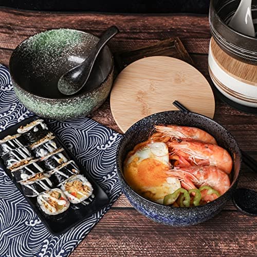 Cteahrow Bol à ramen en céramique 2 ensembles (8 pièces) avec baguettes cuillère, grand bol à soupe 1100 ML, bols à salade pour soupe, pho et bol à sushi (Ensemble de 2 bols bleus)