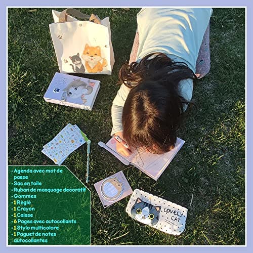 N NUEVAS IDEAS Journal secret fille avec code - Set papeterie fille - Mignon chaton - Papeterie mignonne - Papeterie Kawaii - Journal secret fille - Cadeau fille - Nombreux accessoires (VIOLET)