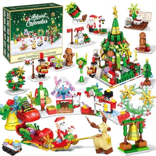 Calendrier de l'Avent 2024, Jouet Calendrier de l'Avent de Noël avec 24 Blocs de Construction 12 en 1 Père Noël Blocs Construction, Compte à rebours de Noël de 24 jours Cadeaux pour Enfants Adultes