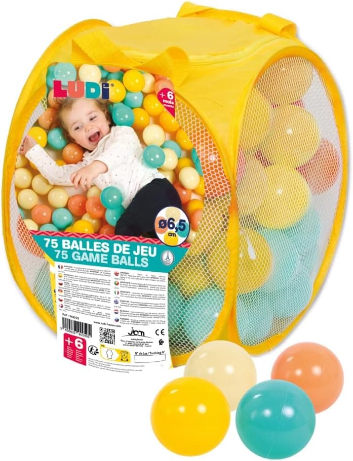 Ludi - 75 Balles de Jeu Mixte - pour Piscine à Balles - Couleurs Vives - Ø 6,5 cm - Panier de Rangement Pop-up Inclus - Adaptées Dès 6 Mois - Idéales pour Aire de Jeu et Activités Ludiques
