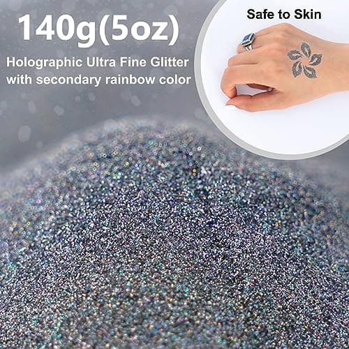 Argent Paillettes Ultra Fines, 140g en Résine Paillettes Métallique pour époxy, Gobelets, Bougies, Arts de la Peinture, Cheveux, Visage, Corps, Yeux, Nail art, Festival