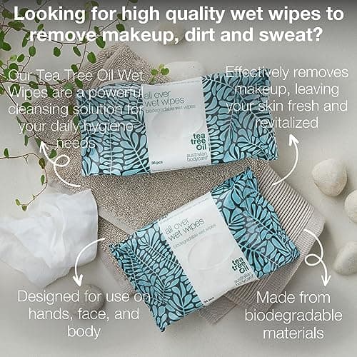 Lingettes humides à l'huile d'arbre à thé - 216 lingettes (6 packs) | Nettoyant pour la transpiration, la saleté et le maquillage | Hydratantes et rafraîchissantes | Hygiène nomade | Biodégradables
