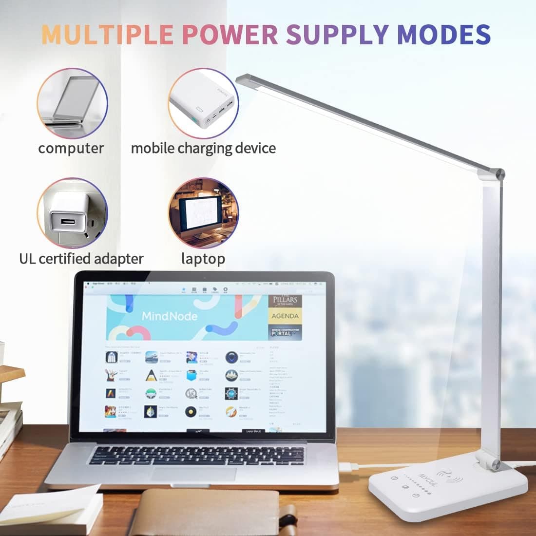 Lampe de Bureau avec Chargeur sans Fil,Lampe de chevet Avec Port USB,Blanc
