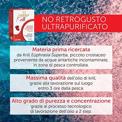 Omegor Krill - Complément alimentaire avec phospholipides, choline, Oméga-3 et astaxanthine à haute biodisponibilité - 260 mg d'EPA et DHA - Sans arrière-goût - Facile à avaler - 60 capsules