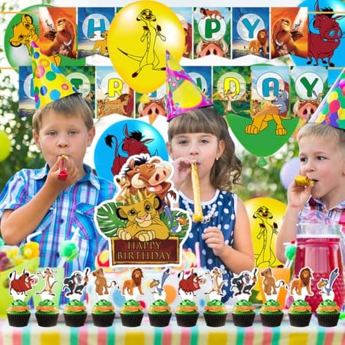 Syijupo Lion Thème Fournitures de Fête, 32 Pcs Décorations d'Anniversaire De Lion, Ballons,Décoration Gâteau,pour Enfant Anniversaire Déco