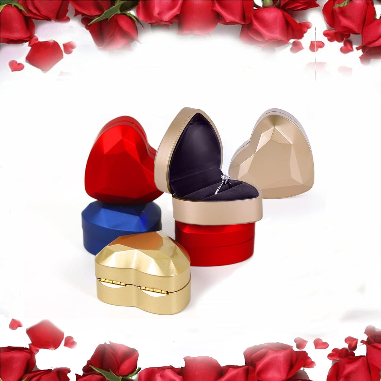 Boîte à bagues en forme de cœur, en velours, boîte à bijoux, boîte cadeau pour mariage, fiançailles, Saint-Valentin (doré)