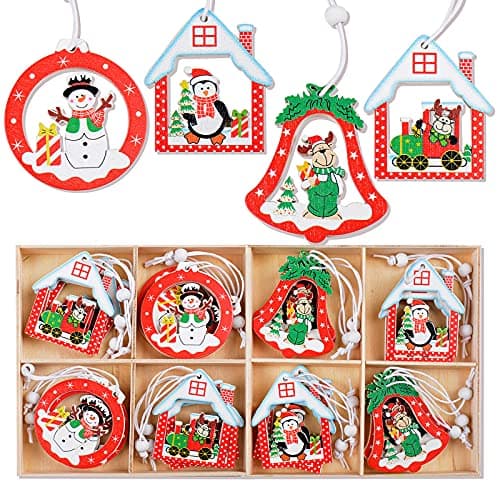 BETESSIN 24pcs Pendentif Noël en Bois Charmes Ornements Décoration Arbre de Noël Suspendus 4 Styles avec 2 Boîtes Décoratives de Fête