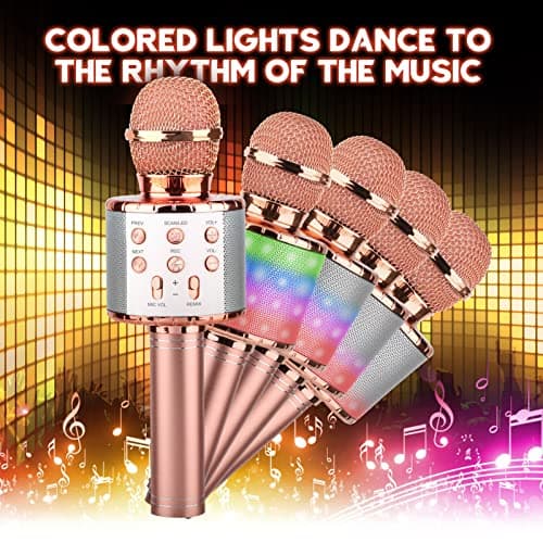 ShinePick Microphone Karaoke sans Fil, Micro Karaoké Bluetooth Portable avec LED Lumière Disco pour Enfants/Adultes Chanter, Compatible avec Android/iOS/PC/Smartphone (Or Rose)