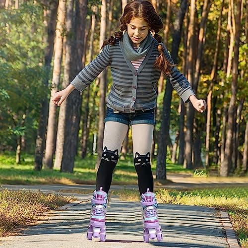 OLYSPM Patins à roulettes pour Enfants, 8 Roues Lumineuses et 4 Tailles réglables, Patins à Quatre Roues avec Sac de Rangement, Patins à roulettes à Double rangée pour Filles, garçons et débutants