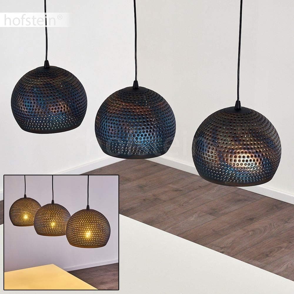 Lampe à suspendre Wildervanksterdallen, lampe à suspendre en métal noir/bronze/bleu scintillant, 3 flammes, 3 x E27, hauteur max. 174 cm, lampe à suspendre au design rétro/vintage, sans ampoules