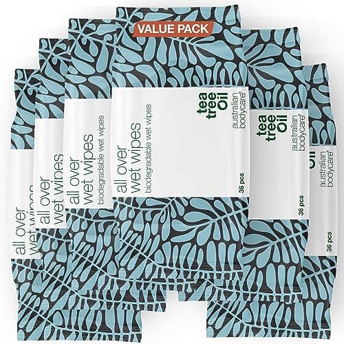 Lingettes humides à l'huile d'arbre à thé - 216 lingettes (6 packs) | Nettoyant pour la transpiration, la saleté et le maquillage | Hydratantes et rafraîchissantes | Hygiène nomade | Biodégradables