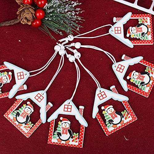 BETESSIN 24pcs Pendentif Noël en Bois Charmes Ornements Décoration Arbre de Noël Suspendus 4 Styles avec 2 Boîtes Décoratives de Fête