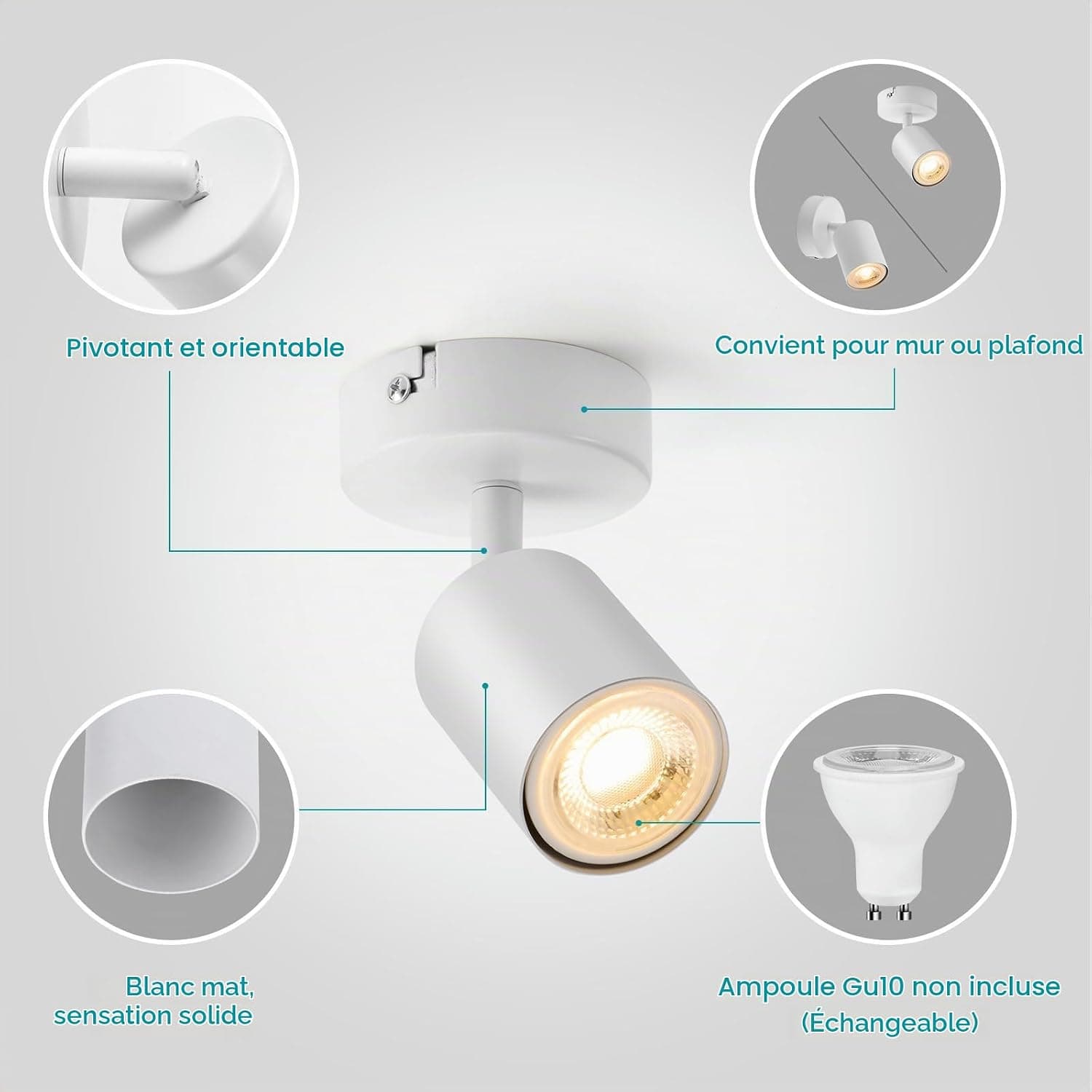 wowatt 2 pcs Spot Interieur Plafond Blanc Gu10 Lampe Orientable San Ampoule | Applique Spots Pivotant, Luminaire Plafonnier Moderne, Éclairage de Plafond pour Chambre Salon Salle à Manger Cuisine Couloir