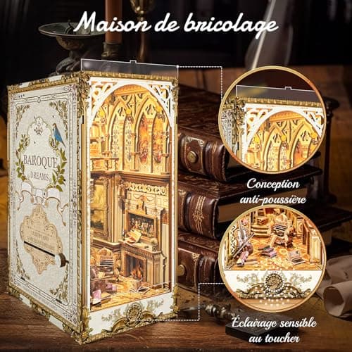 BuzzoXerex DIY Book Nook, Miniatures Nook avec Housse de Protection, Miniatur Haus Selber Bauen avec Lampes LED, Maquette en Bois a Construire avec Meublé (Bibliothèque du Palais)