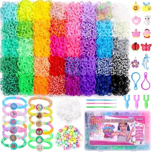 Funtopia Elastique Bracelet Kit, 9000pcs Friendship Élastique Bracelets en Caoutchouc Coloré avec Pendentifs, Clips, Perles, Boîte de Rangement et Kit de Bijoux pour Filles et Enfants