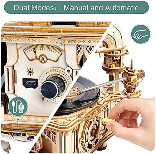 ROKR Puzzle 3D Maquette en Bois a Construire pour Adulte Enfants Maquette Gramophone Classique Kits de Modèles de Bricolage Construction Jouet, Modes Automatique et Manuel LKB01D