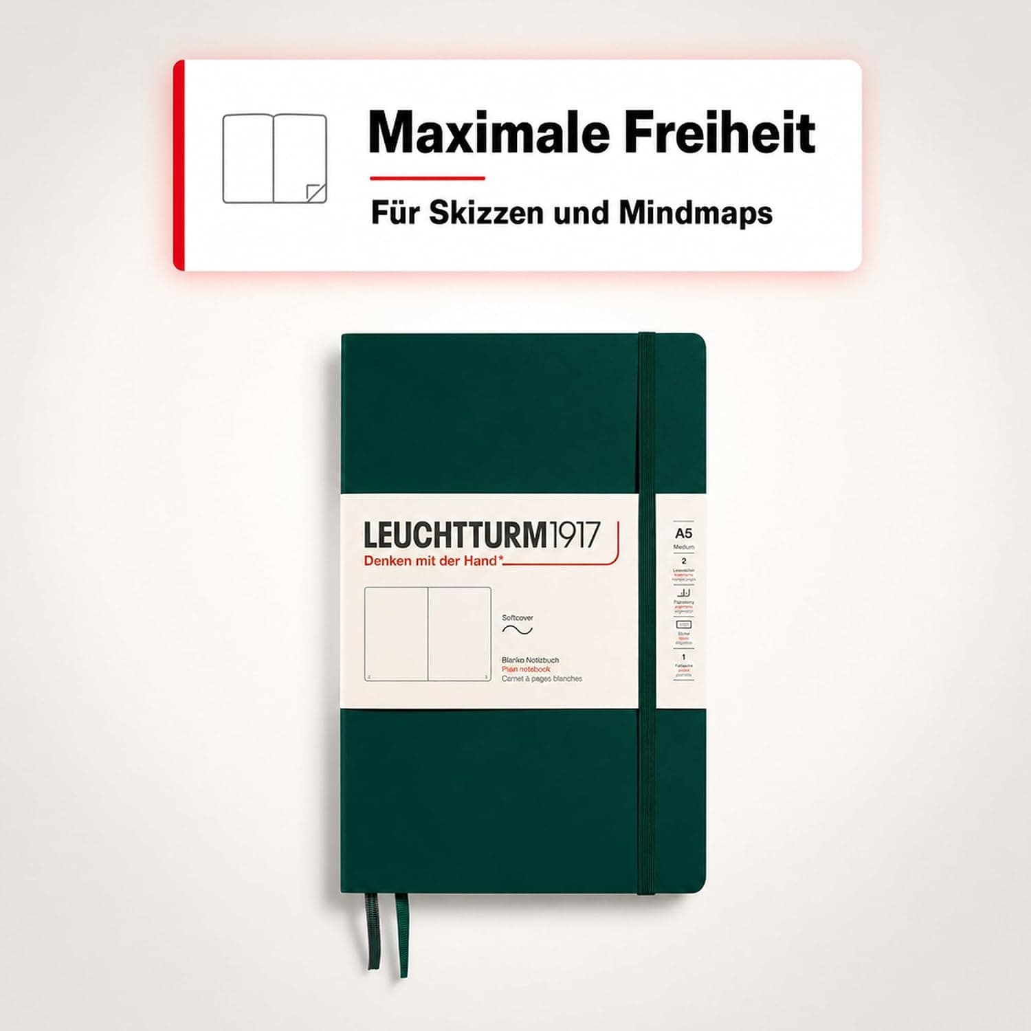 LEUCHTTURM1917 367268 Carnet de notes Medium (A5), Couverture souple, 123 pages numérotées, Forest Green, blanc