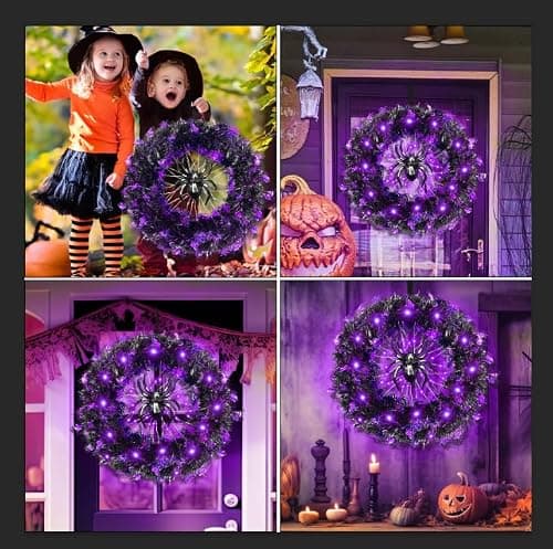 HYOJCWU 35cm Couronne Halloween, Guirlande de Décoration D'araignée d'halloween avec Lumières, Couronne Halloween Porte, Decoration Halloween pour Extérieur, Intérieur, Mur de Porte d'entrée