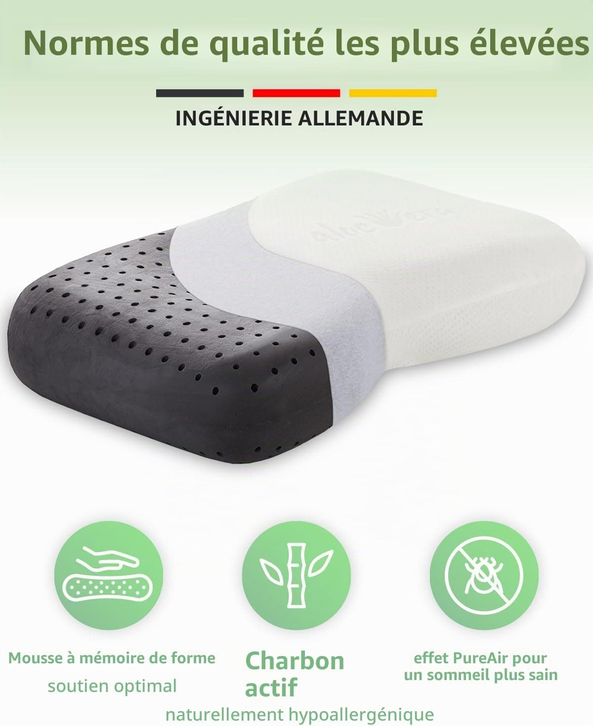 Third of Life Oreiller cervical NuMOON à l'Aloe Vera | Coussin en mousse à mémoire de forme en coin pour soulager les douleurs du cou et des épaules | Pour dormeurs sur le côté et sur le dos | Thème