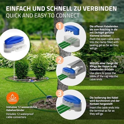 ECD Germany Câble Périphérique Universel pour Tondeuse-Robot, 50m, 12 Connecteurs de Câble + 200 Piquets de Terre, Ø 2,7 mm, Fils d'Aluminium Étamés et Cuivrés, Câble de Délimitation pour Jardins