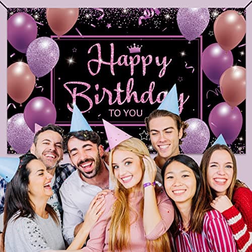 Koliphy Decoration Anniversaire, Noir Violet Banderole Joyeux Anniversaire Fête Deco Pour Hommes Femmes, Anniversaire Photographie Fond Bannière, 70,8 x 40,3 Pouce