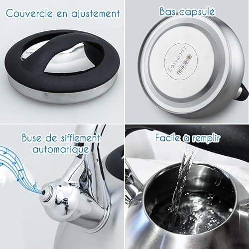 Easyworkz Bouilloire sifflante en acier inoxydable de qualité alimentaire avec sifflet puissant, 3,0l, argenté
