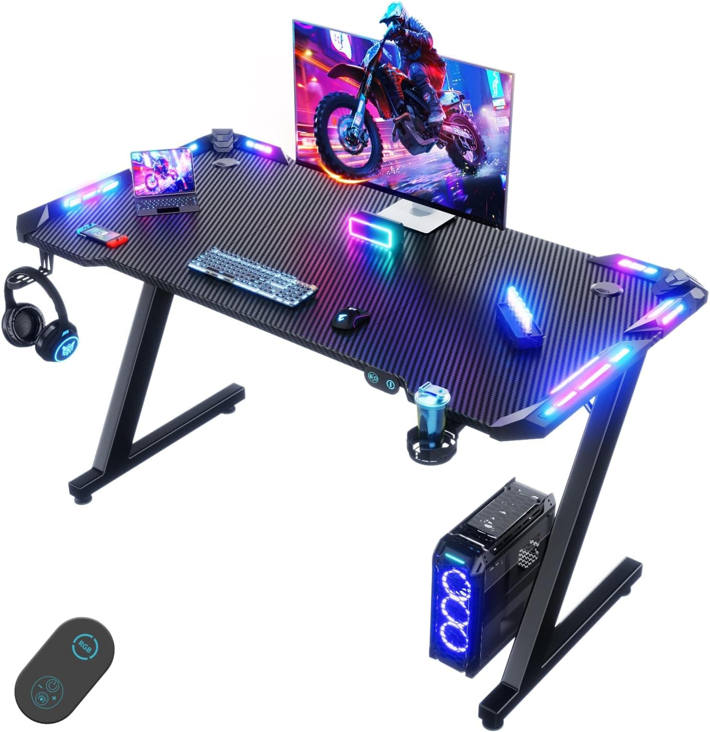 Devoko Bureau Gaming LED 120×60cm, Ergonomique, Contrôle Tactile USB, Noir
