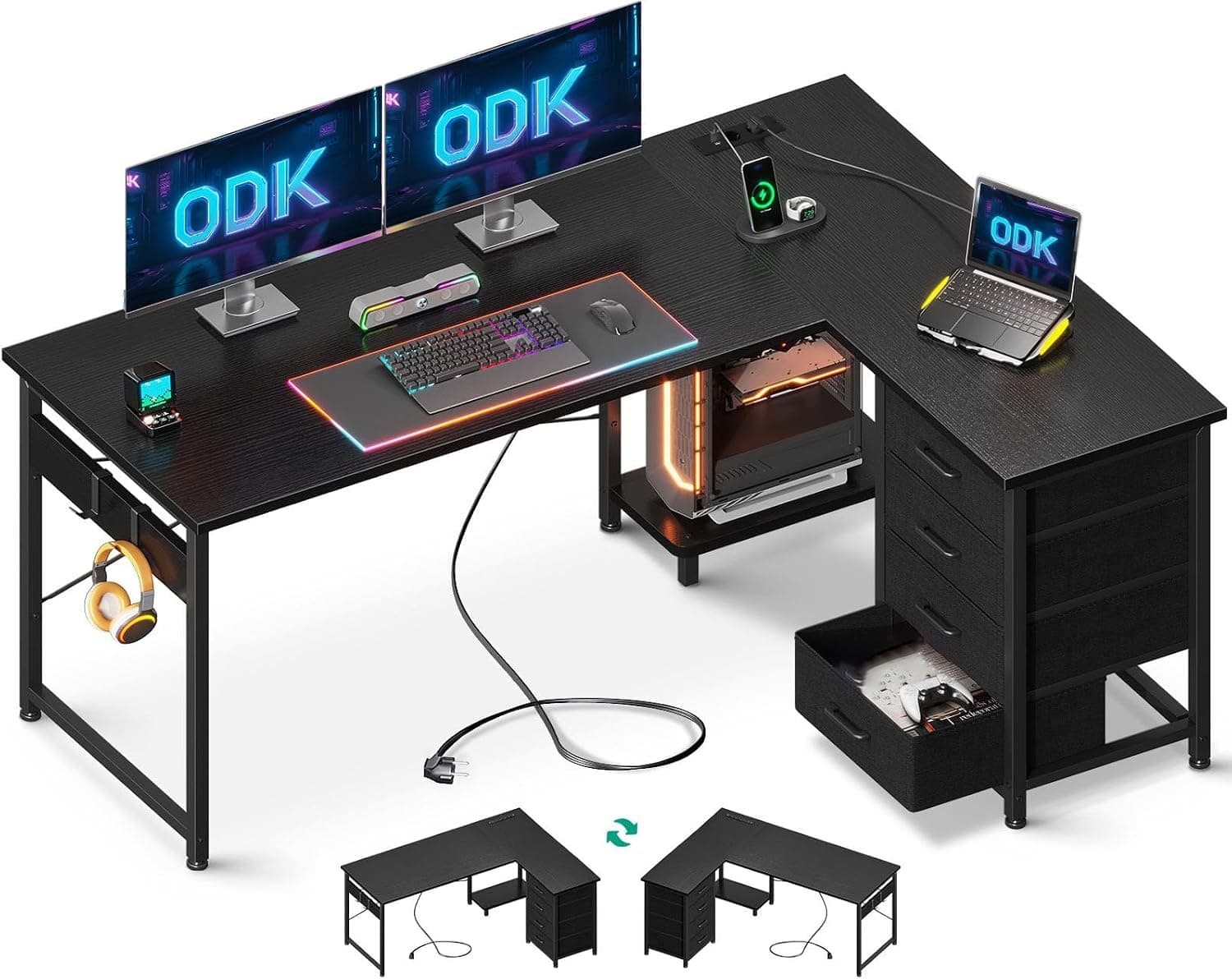 ODK Bureau d'angle avec 4 Tiroirs en Tissu, 135x100cm Noir