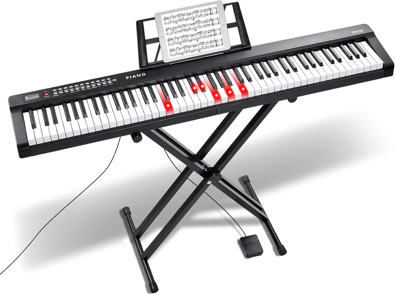 VEVOR Clavier Piano Numérique, 88 Touches Semi-lestées, Ensemble Piano à Clavier Électrique avec Support Réglable, Haut-parleurs Intégrés, Pédale de Sustain, Casque, Bluetooth MIDI USB, pour Débutants