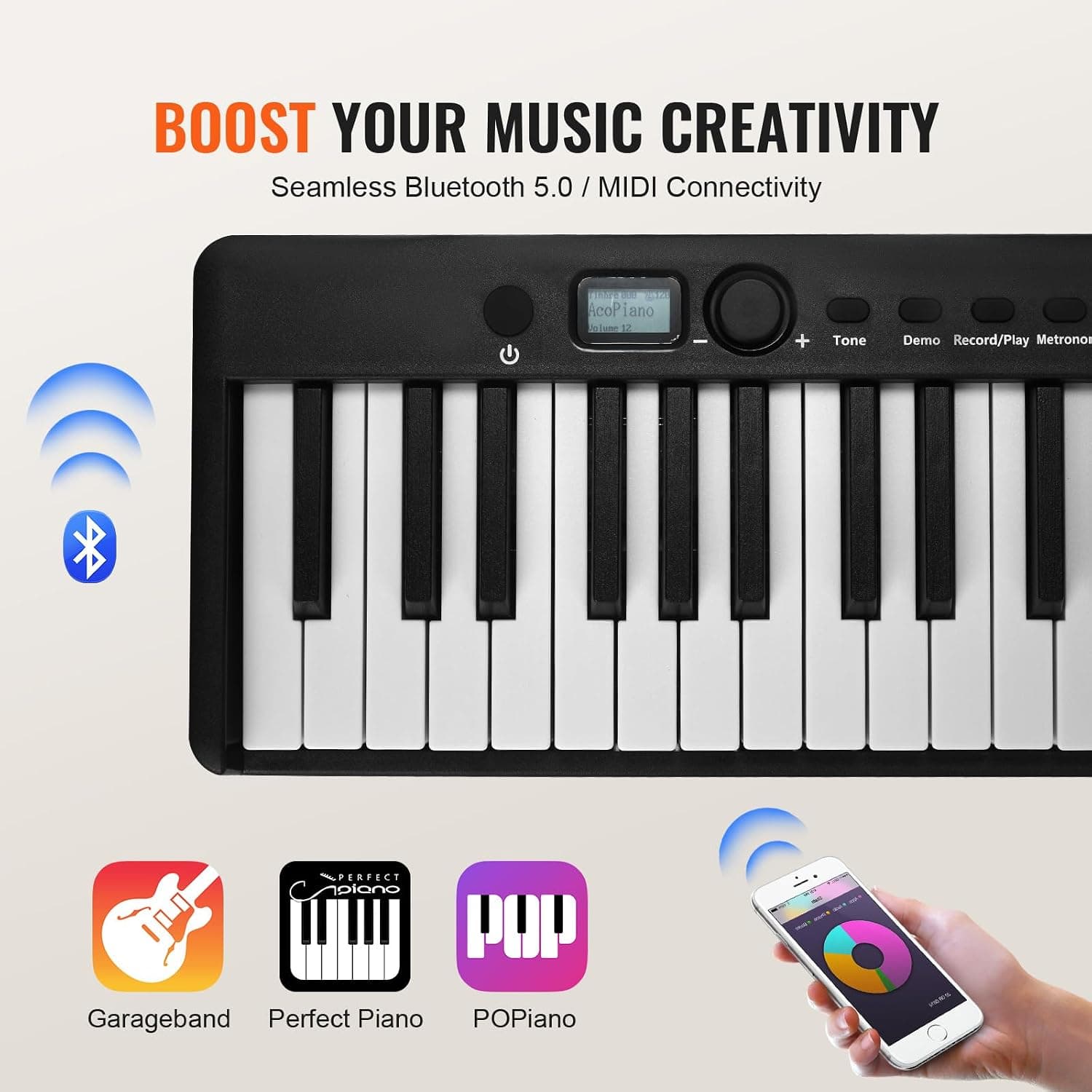 VEVOR Clavier Piano Pliable 88 Touches, Bluetooth et MIDI, Piano Électronique Numérique Portable, Support, Pédale de Sustain, Touches Sensibles, Rechargeable pour Débutants, Adolescents, Adultes, Noir