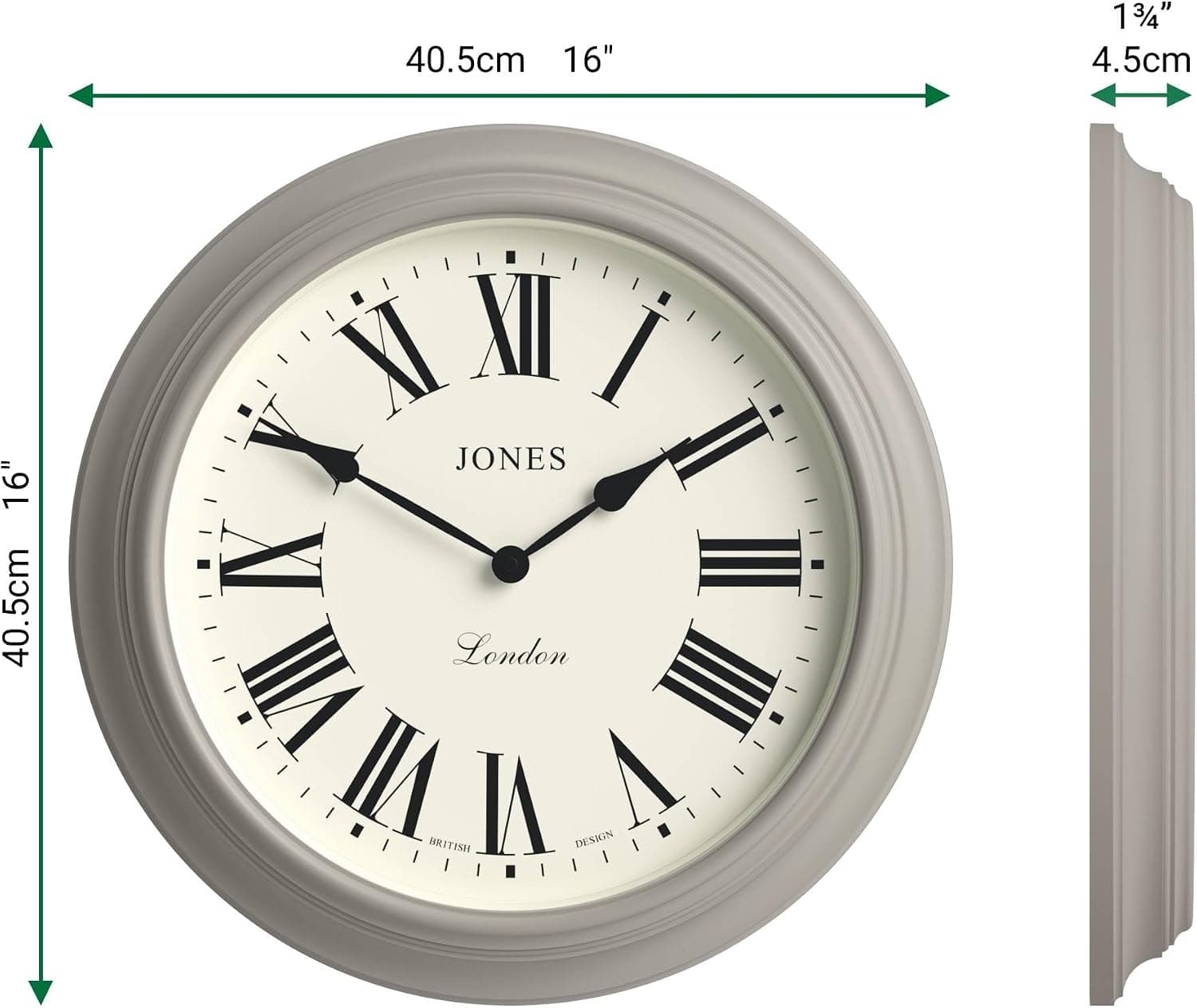 JONES CLOCKS® Supper Club Horloge Murale | Grande Horloge Ronde Classique | 40 cm | Gris Moyen | Chiffres Romains | Un Design Traditionnel idéal pour la Cuisine ou Le Salon