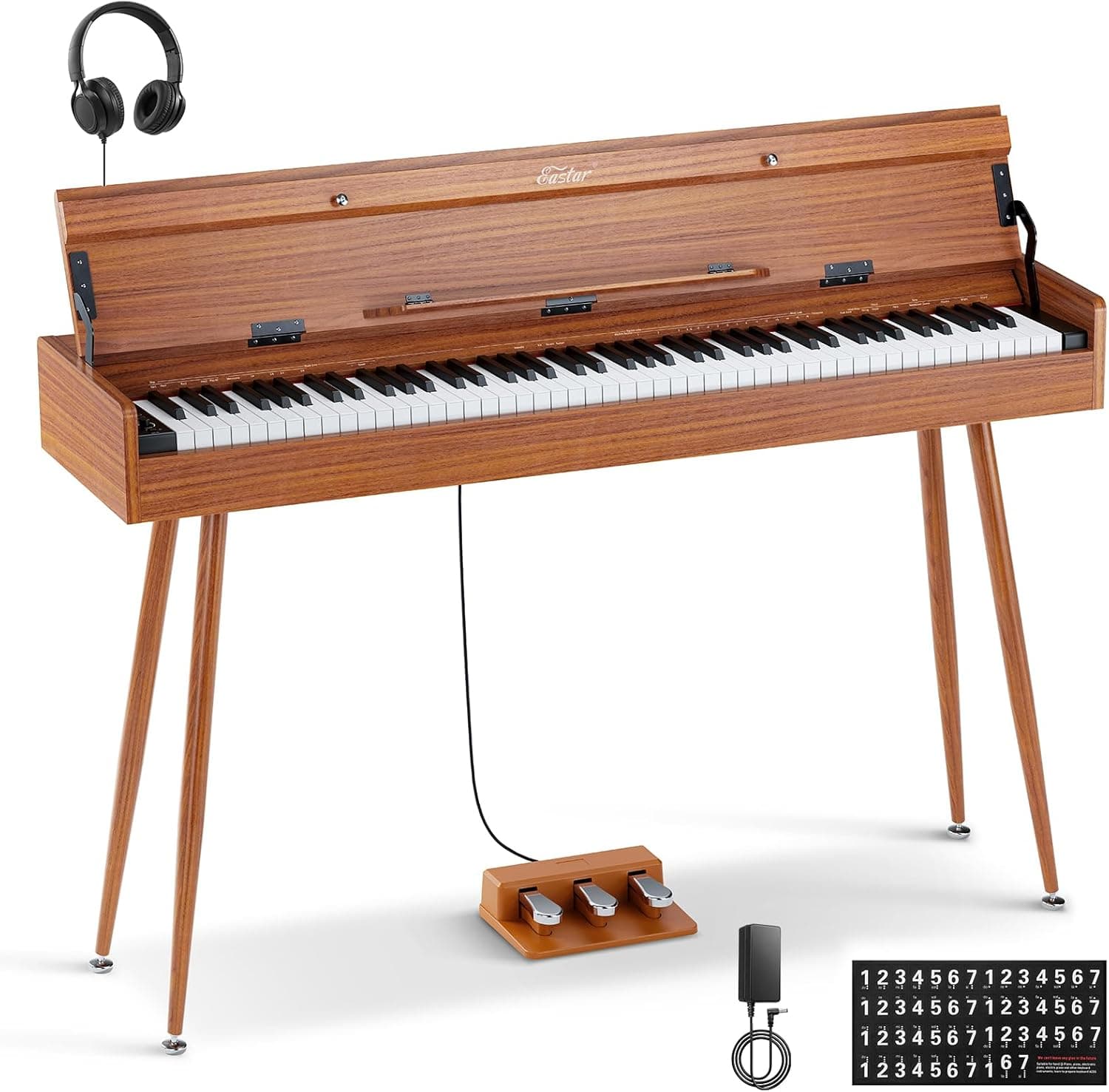 Eastar EUP-100 Piano Numérique 88 Touches, Piano à Clavier Lesté pour Débutant, avec Housse, Casque, Autocollants Musicaux, Triple Pédalier, Connexion Sans Fil, Enregistrement, MIDI - Bois Rétro