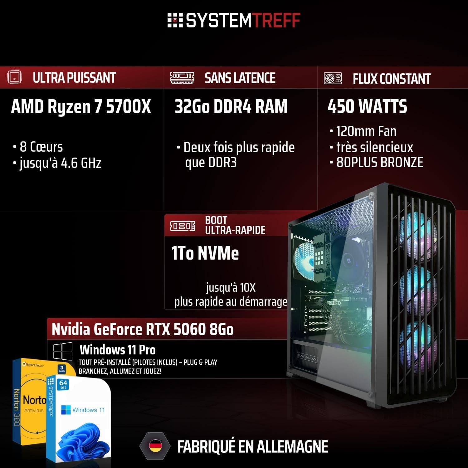 SYSTEMTREFF PC Gamer - AMD Ryzen 7 5700X - RTX 5060 8Go