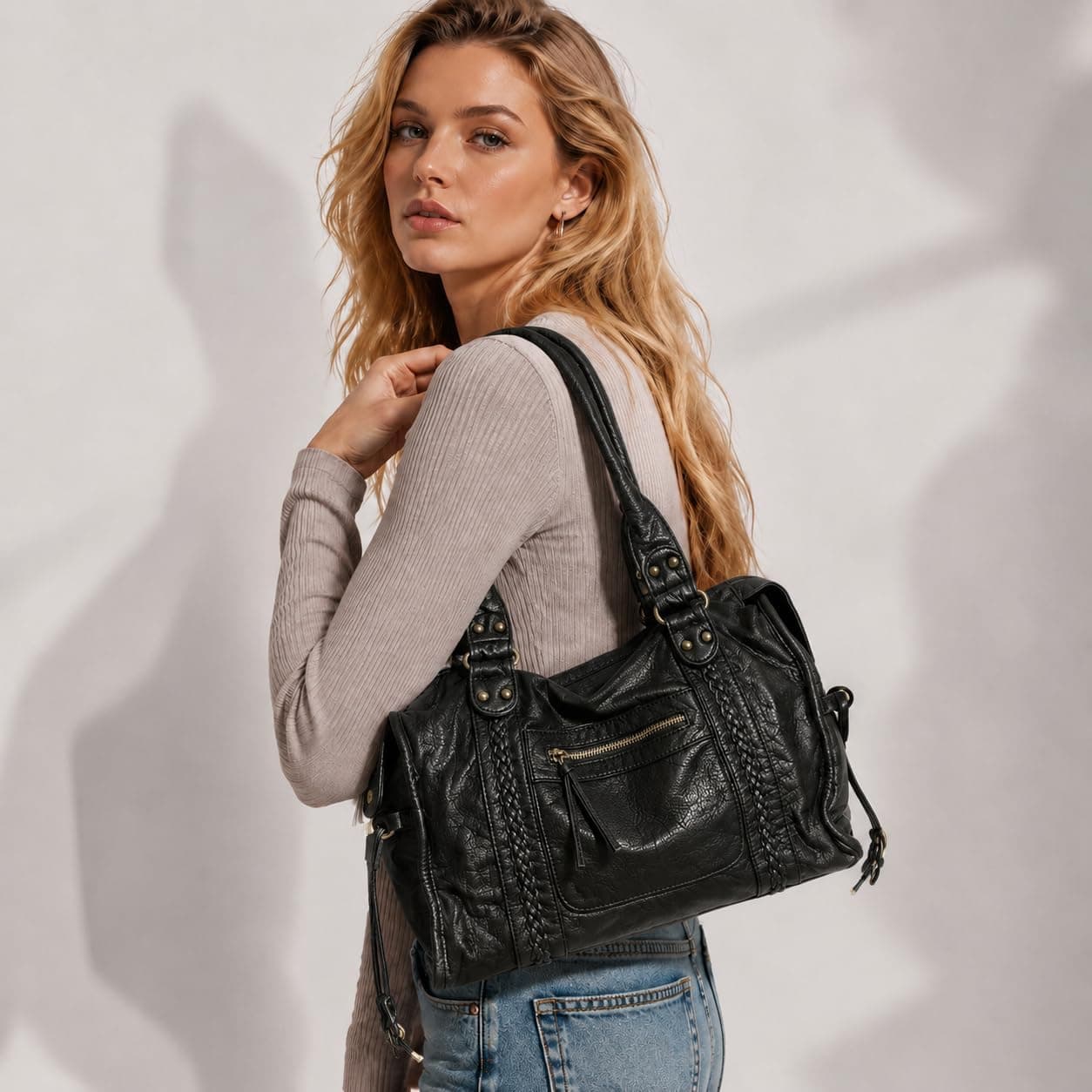 Sac a Main Femme Cuir PU, Sac a Main pour Les Cours Lycee College | Grand City Bag Vintage Noir, avec Bandoulière Réglable, pour École et Travail
