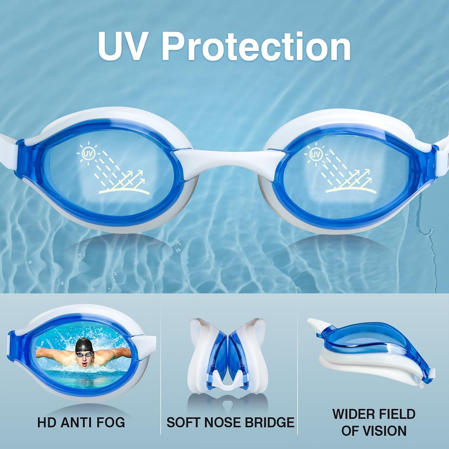 Lunettes de Natation Bonnet de Bain,Sans Fuite, Lunettes de plongée Anti buée, Protection UV, Lunettes de Piscine pour Unisex Adulte Homme Femme