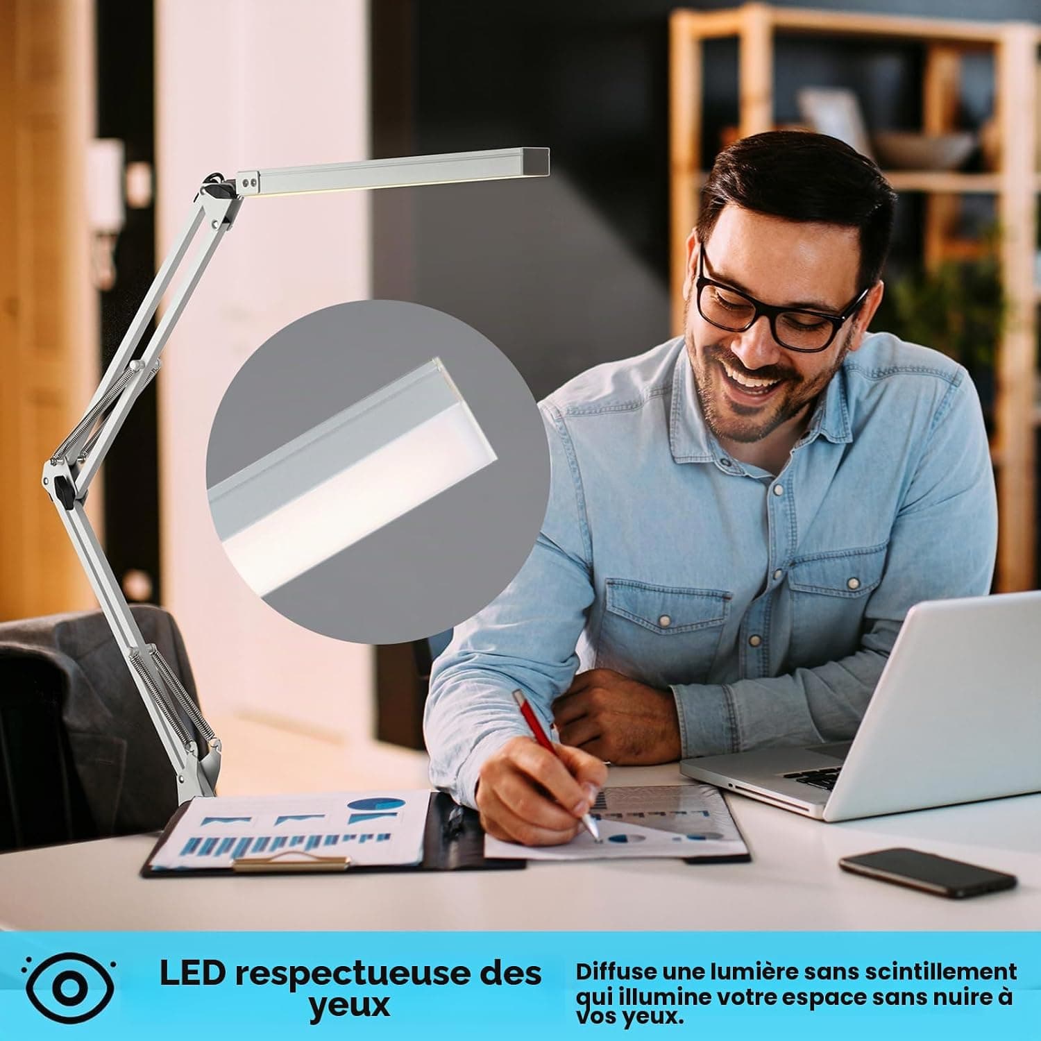 BIENSER Lampe de Bureau LED, 1100LM Lampe de Table avec Pince, 10 Niveaux de Luminosité X 3 Modes Réglables, Protection des Yeux, Fonction Mémoire, Lampe de Architecte pour Bureau, Lecture, Étude