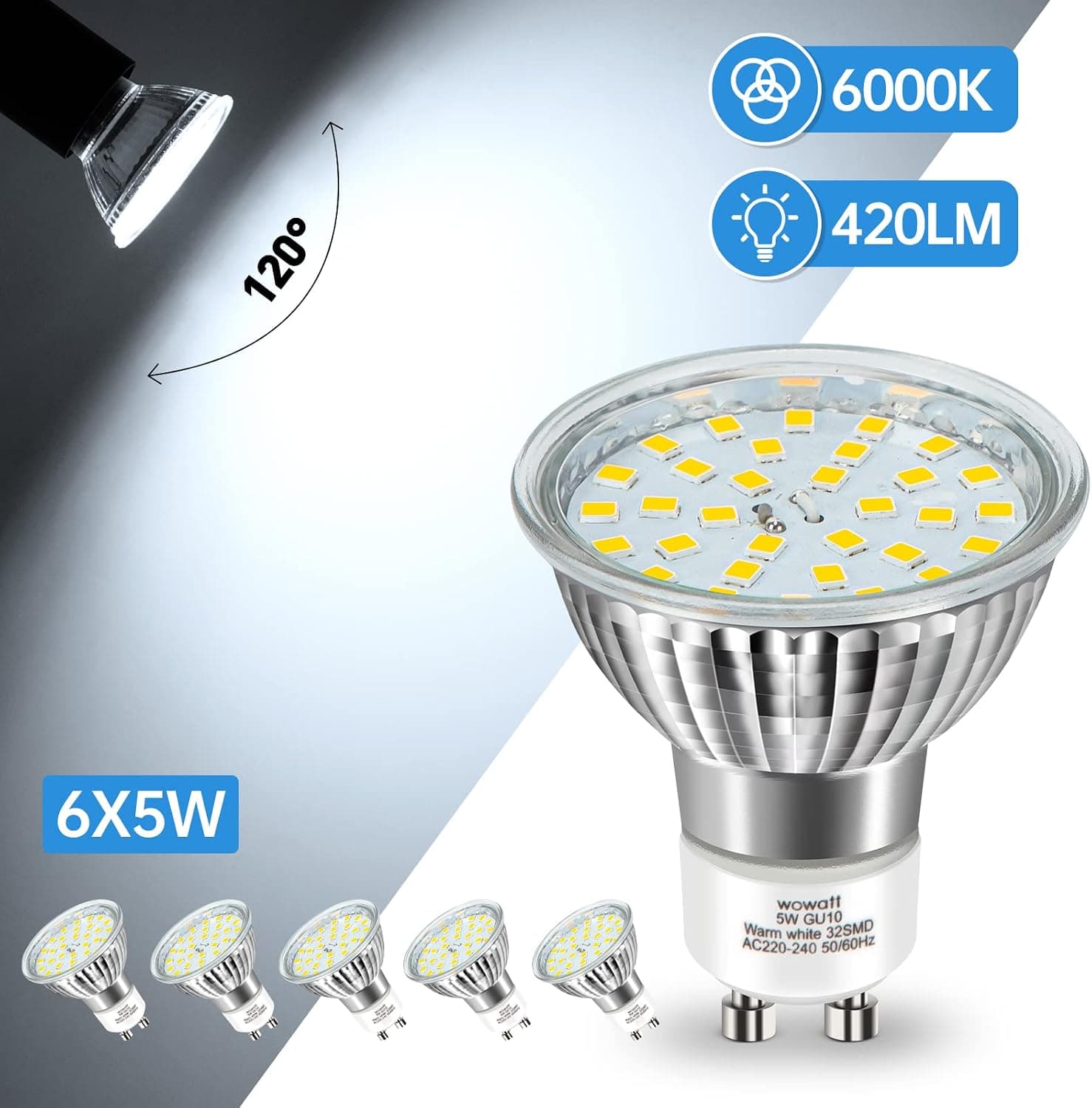 wowatt Plafonnier 6 Spots LED Noir avec GU10 5W Blanc Froid 6000K Ampoules | Moderne Rampe Interieur Plafond Orientable, Rail Luminaire Plafonnier Spot pour Chambre Salon Salle à Manger Cuisine Couloir